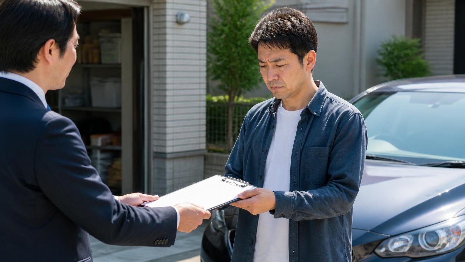 査定の場では契約しないという原則。車庫の前で査定士から差し出された契約書を一旦持ち帰る男性