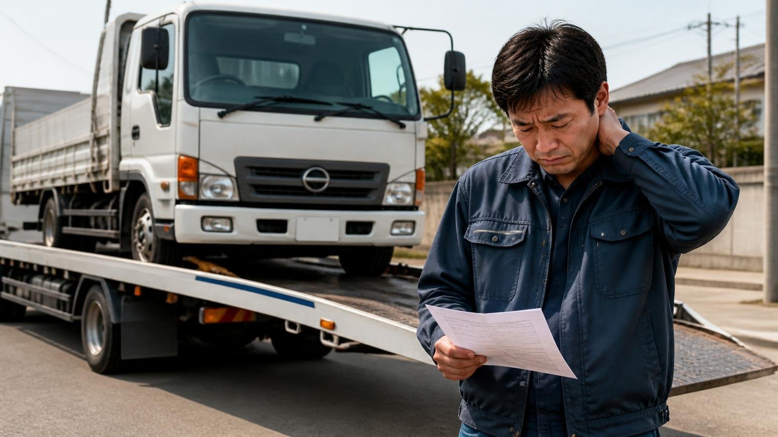 引き取り後に減額されたという不満。積車に載せられるトラックの前で男性1人が書類を握りしめて肩を落とす