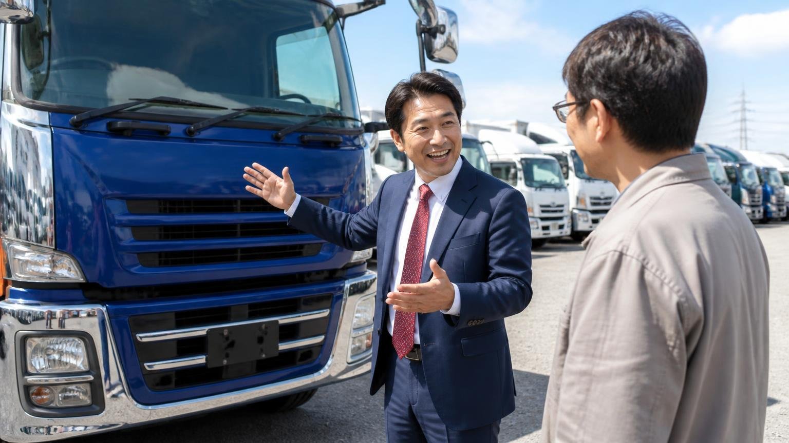 社長自らが車両の説明をする様子を中古トラック展示場で大型車の前に立ち身振りを交えて話す社長1人と来店客1人の場面