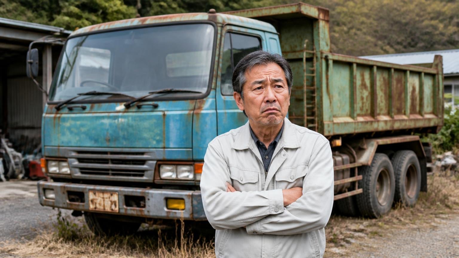 別の選択肢も並べたほうがいい人｜車検切れで置きっぱなしのダンプの前で腕を組み困った顔をする50代の男性