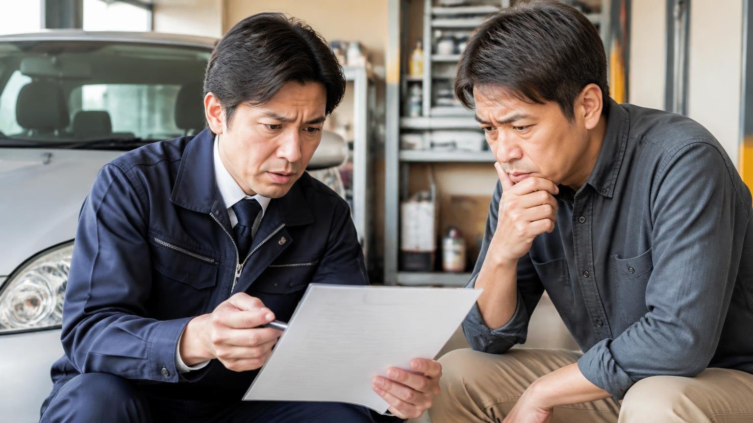 電話・ネットの概算は「目安」と割り切り、減額の条件を書面で確認する 車庫で見積書の説明を受ける運転手と査定士の男性2人 疑う表情