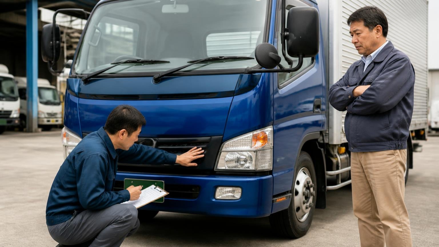 地元1社＋全国対応1〜2社で相見積もりを取る手順 車庫に停めたトラックの前で、査定員が車両を順番に確かめるのを見守る社長