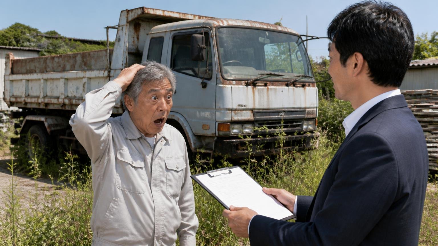 古い・過走行・動かないトラックでもあきらめない｜草の伸びた資材置き場に止まる古いダンプの前で、査定額を聞いて目を丸くする年配の男性