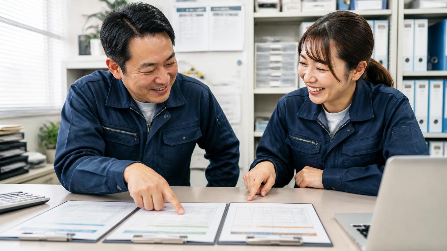 同じ条件で2〜3社の金額を並べ、申込先は絞る 事務所で2枚の見積書を並べて比べる運送会社の男性と女性が指さして笑顔になる