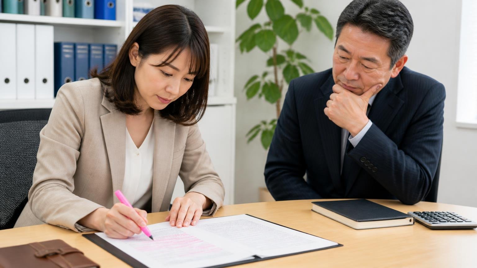 減額・キャンセルの条件と入金日を契約前に書面で確認する、事務所の机で契約書にマーカーを引く30代女性と見守る50代男性