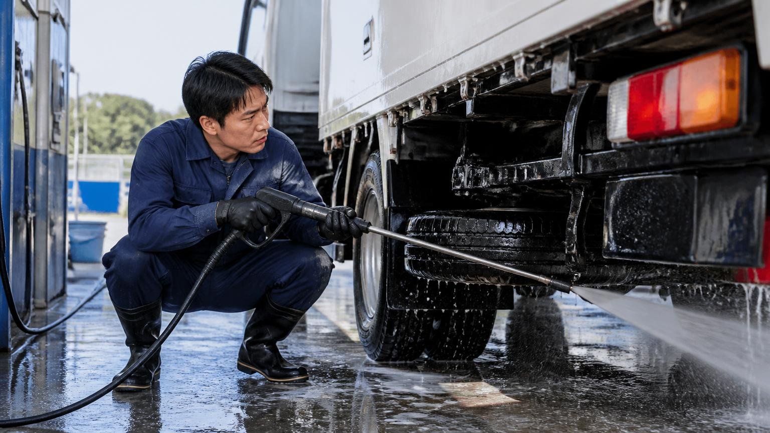 査定前に下回りを洗い、整備記録と付属品をそろえる|洗車場で高圧洗浄機を使いトラックの下回りを洗う30代男性