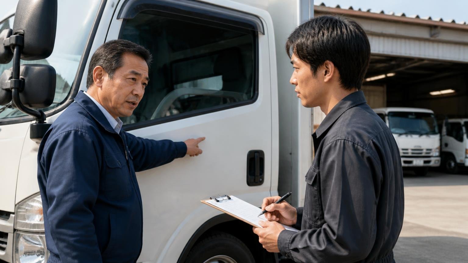 社名・看板の消し方と引き渡し日を先に相談する。運送会社の車庫で社名入りトラックのドアを指さし相談する社長と査定員