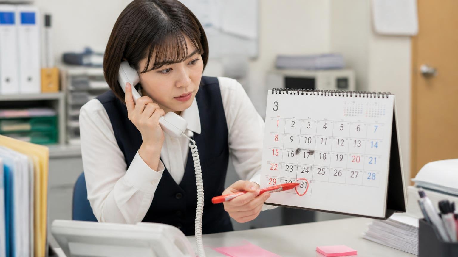 名義変更がいつ終わるかを必ず確認する:事務所で女性事務員が受話器を持ちながらカレンダーの3月末に丸をつけ、真剣な表情で話す