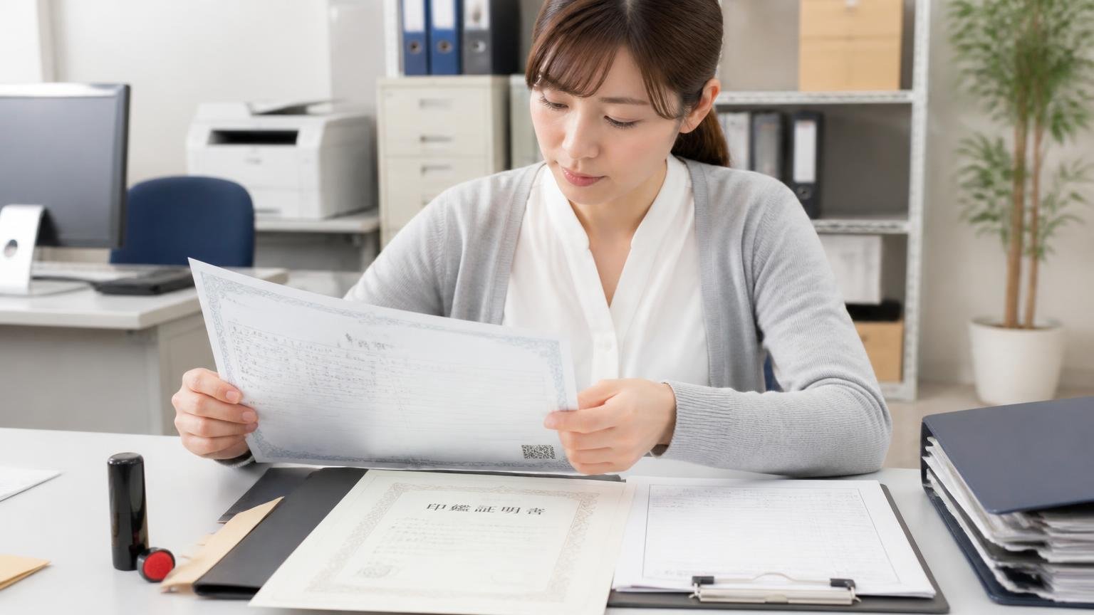 車検証と必要書類を先にそろえておく 事務所でトラックの車検証や印鑑証明書を机に並べて確認する女性事務員