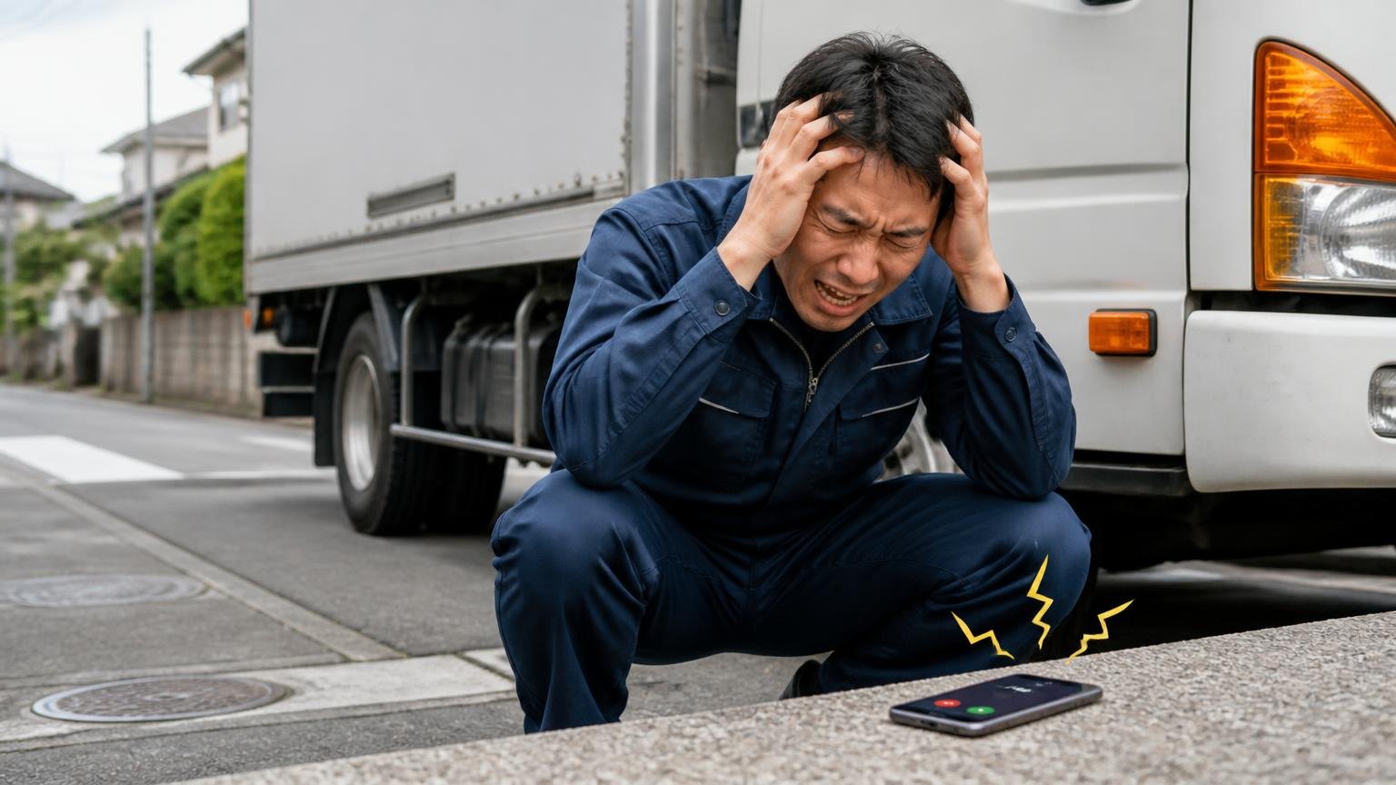 連絡手段と時間帯は、申込みの時点で指定する 配送途中のトラックの横で鳴り続けるスマホに頭を抱えるドライバー