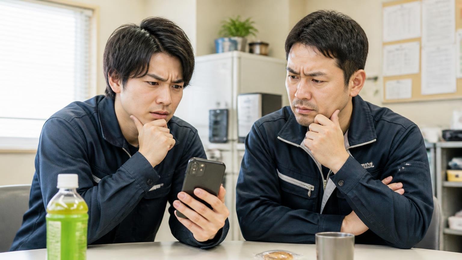 口コミを読むときに見るべき3つのポイント、休憩室でトラック買取業者の口コミ画面をスマホで見せ合いながら首をかしげる若いドライバーと先輩の2人