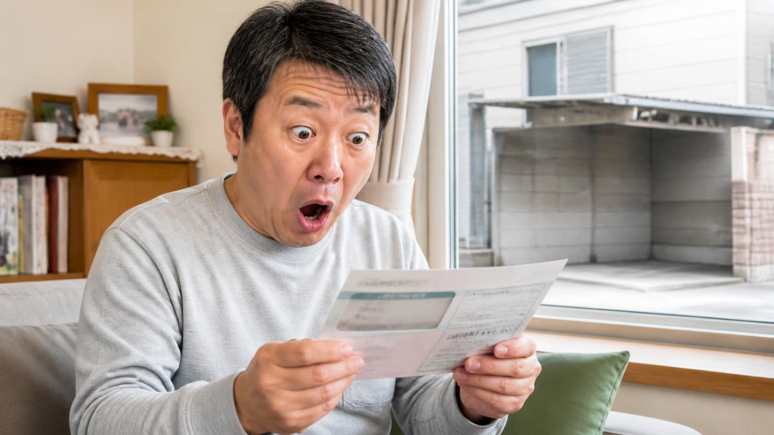 自動車税は4月1日時点の持ち主に1年分 自宅の居間で届いた納税通知書を手に目を丸くする元トラックオーナーの男性1人 窓の外に空の車庫