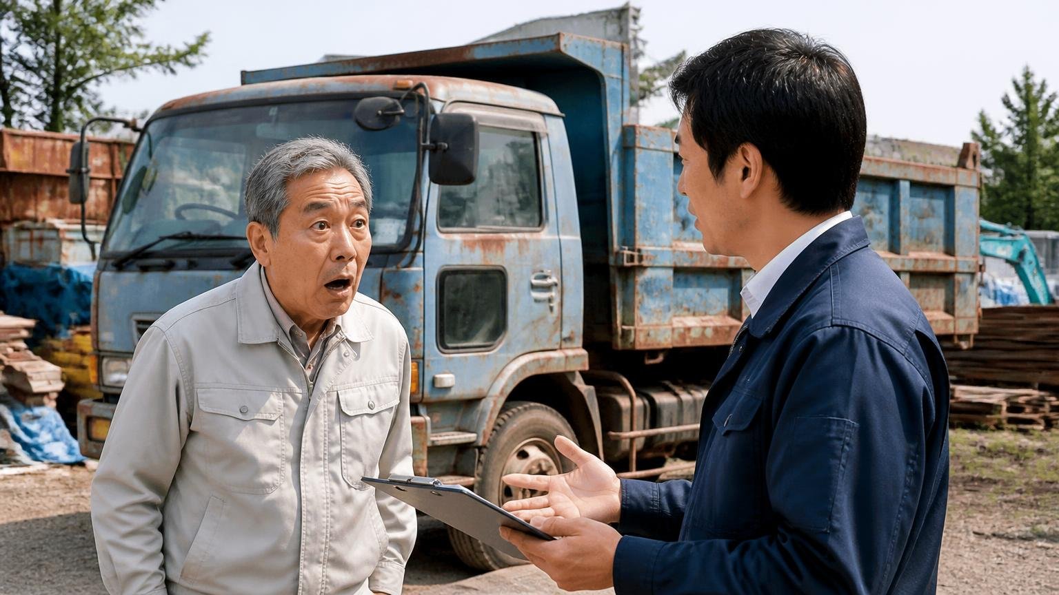 廃車やスクラップにする前に、まず買取査定を受ける、資材置き場に停めた古い4tダンプの前で査定員の話に驚く60代男性