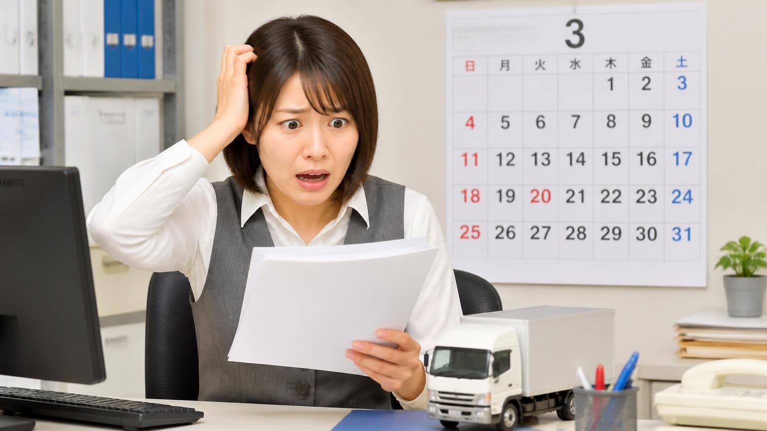 自動車税は4月1日の名義人に1年分｜名義変更では戻らない｜3月のカレンダー前でトラックの書類を手に焦る女性事務員1人