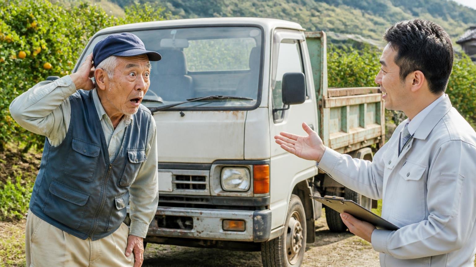 古いから値段がつかないと決めつけない、果樹園の横に置かれた古い小型ダンプトラックの前で査定員の話に目を丸くする年配の男性