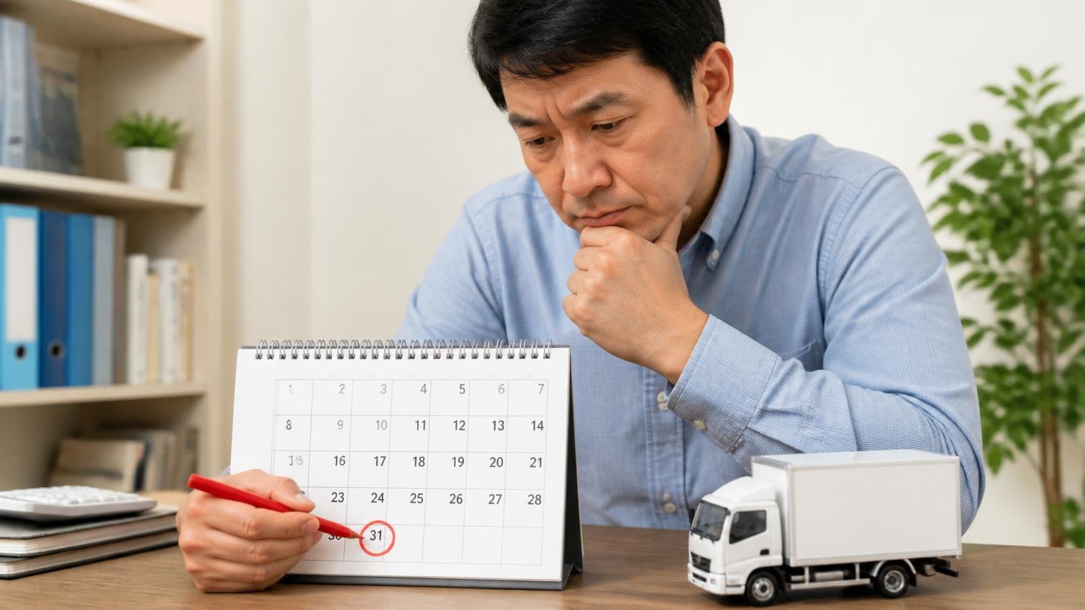 自動車税は4月1日の名義人に1年分|名義変更では戻らない|トラックの模型が置かれた机でカレンダーの3月末に丸をつける男性1人