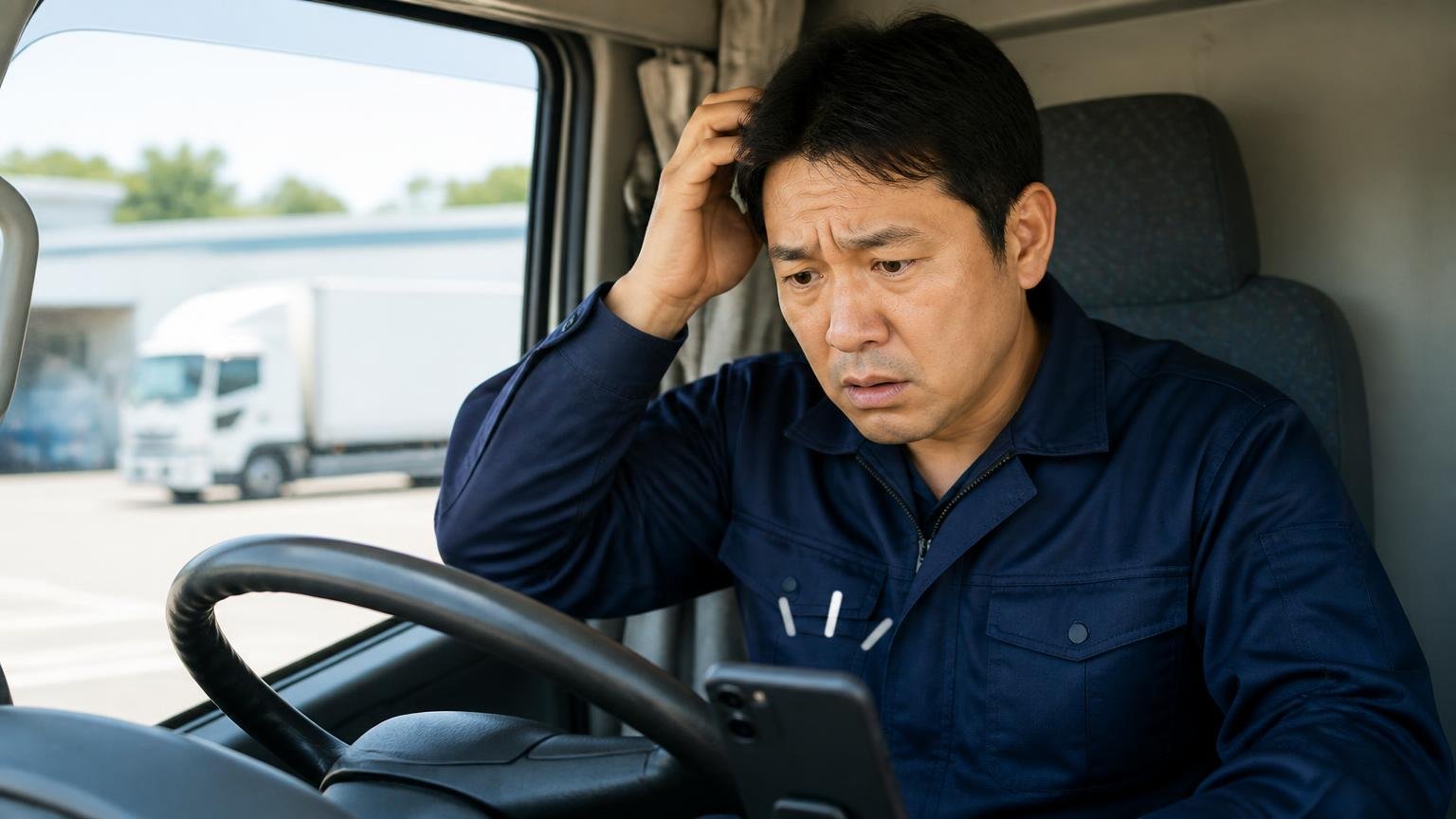 営業電話が心配なら連絡の方法と連絡してよい時間を最初に伝える トラックの運転席で鳴り続けるスマホを見て困った顔をするドライバー