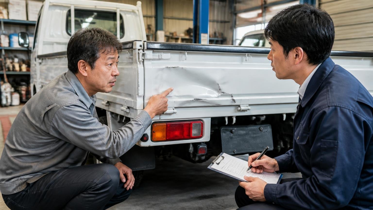 分かっている不具合は隠さずに伝える(車庫で2tトラックの荷台のへこみを査定担当者に指さして説明する男性2人)