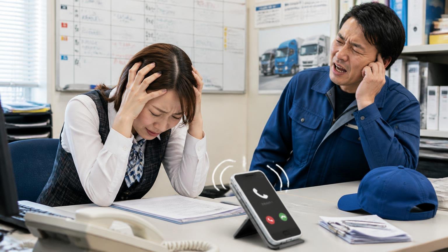 一括査定の電話が多くて疲れてしまった|運送会社の事務所で鳴り続けるスマホを前に頭を抱える事務担当の女性とトラック運転手の2人