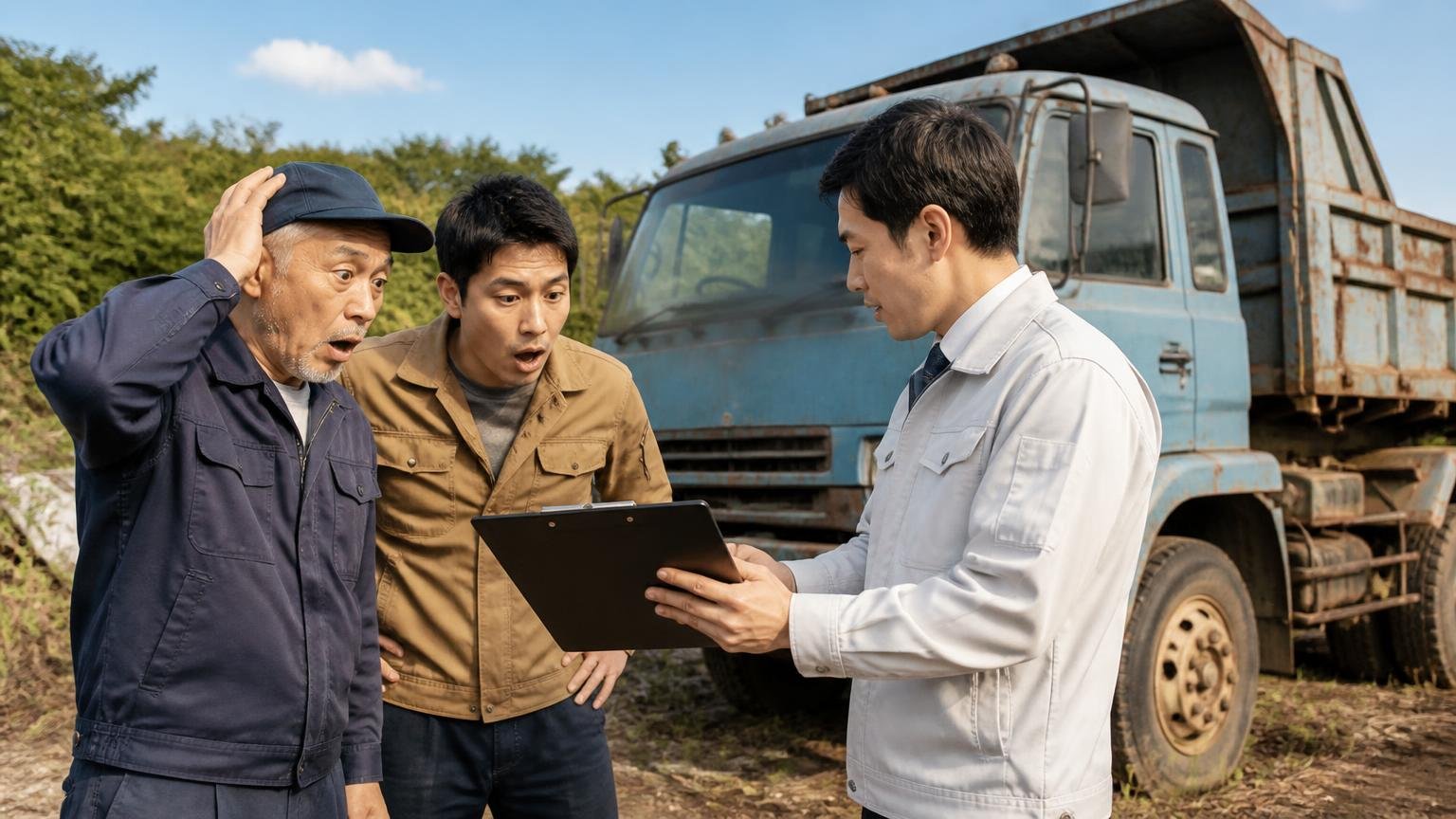 古い・動かないトラックでも、廃車にする前に査定を取る 空き地に止まった古いダンプの前で査定員の話に驚く年配の男性と息子