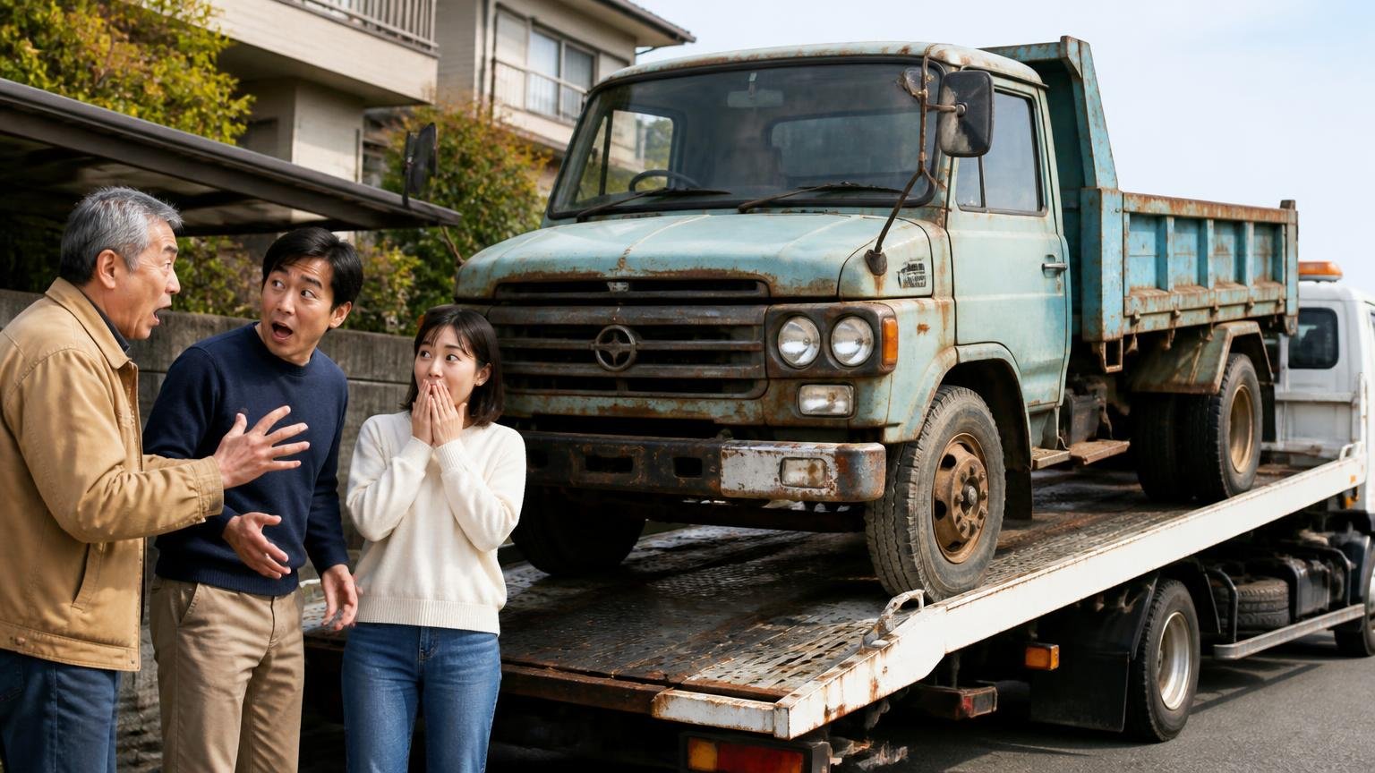 古いトラックも値がつかないと決めつけない、積車に載せられる古いダンプの前で年配の男性と家族2人が驚いて顔を見合わせる