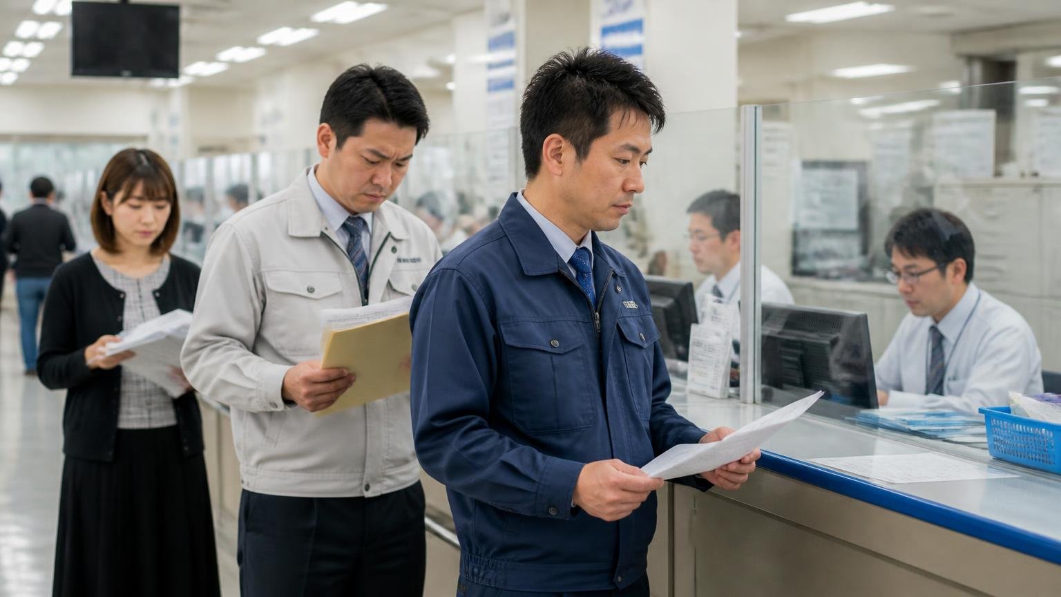 名義変更と廃車の窓口は大和郡山市に集まっている 運輸支局の登録窓口のカウンターで、書類を手に順番を待つ運送会社の事務員と代行業者