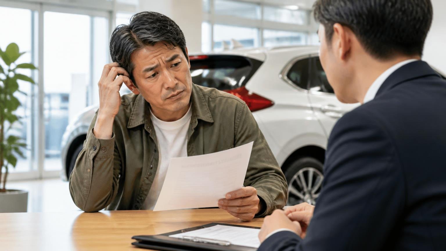 ディーラー下取りと比べる|ディーラーの商談席で下取り額の紙を見て首をかしげる中年の男性客