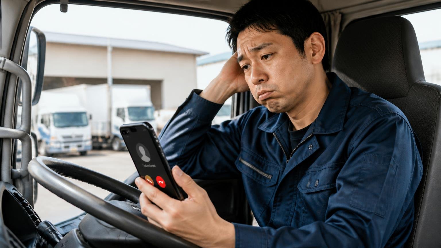 営業電話が不安な人へ。トラックの運転席でスマホの着信画面を見てため息をつく男性1人