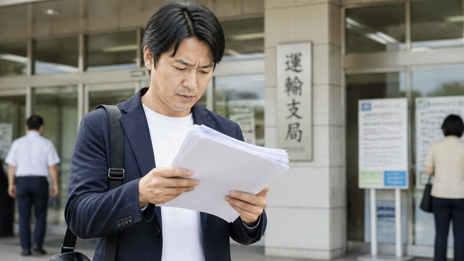 名義変更をいつまでに完了してもらえるか 運輸支局の窓口前で書類の束を手にして確認する男性1人が真剣な表情