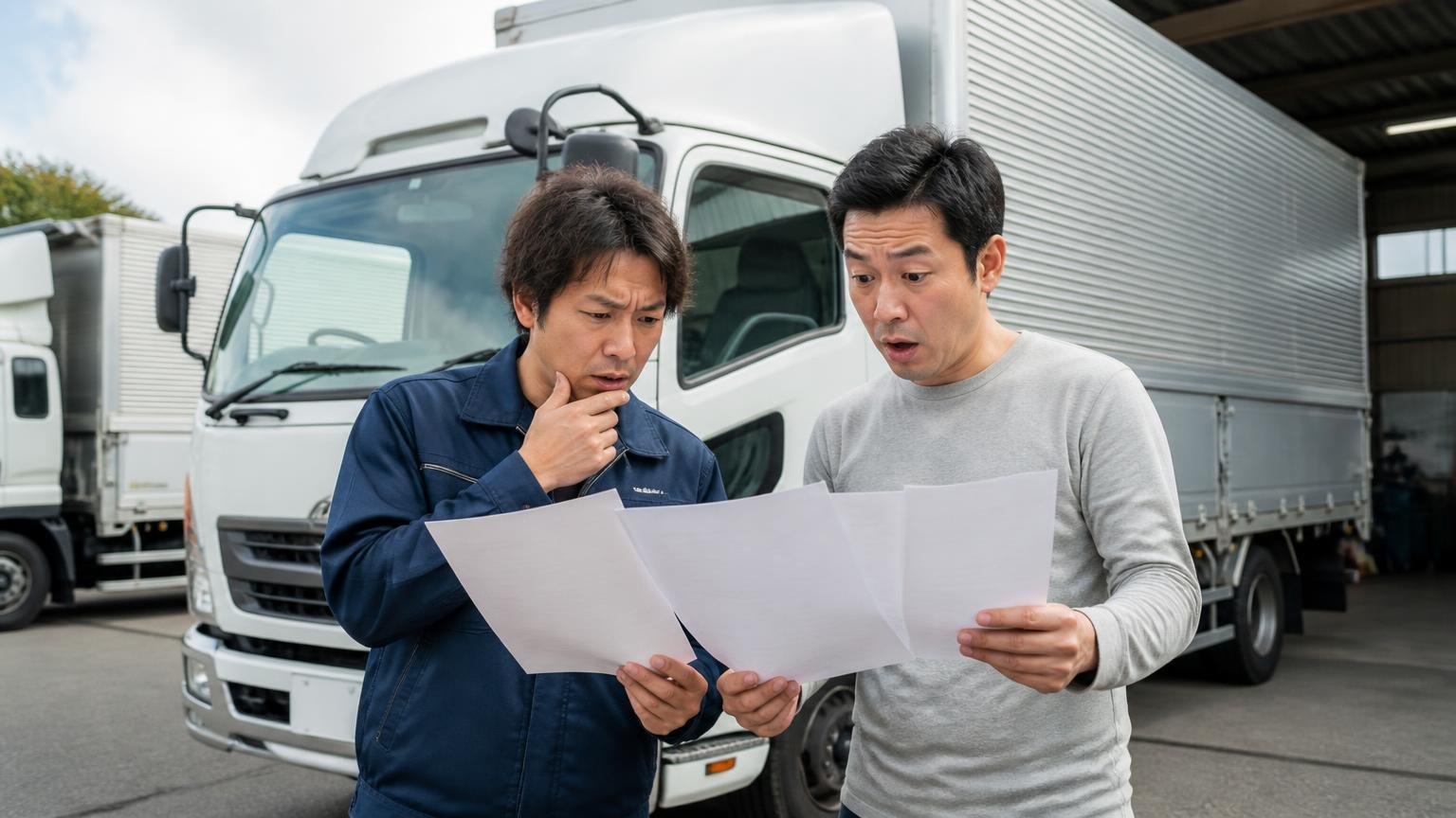 バントラック.jpの下取り額が妥当か確かめたい人が、比較相手に選んでいるトラック買取業者3選、車庫の4tウイングの前で見積書を見比べる男性2人