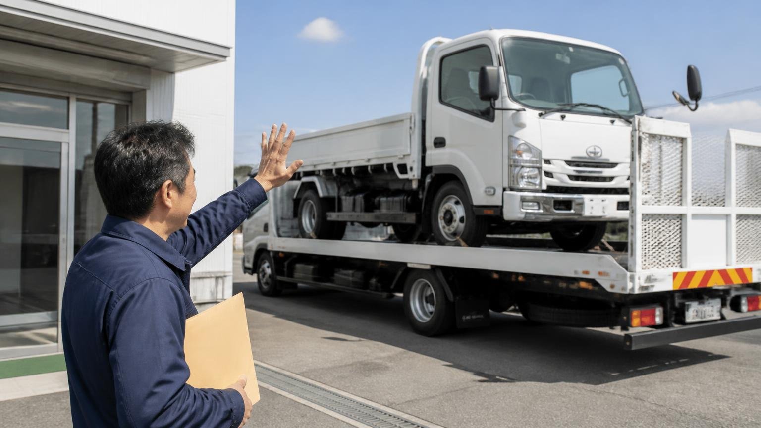 引き渡したあとは名義変更の完了まで確認する 営業所の前で積車に載って出ていくトラックを書類の封筒を抱えて見送る男性