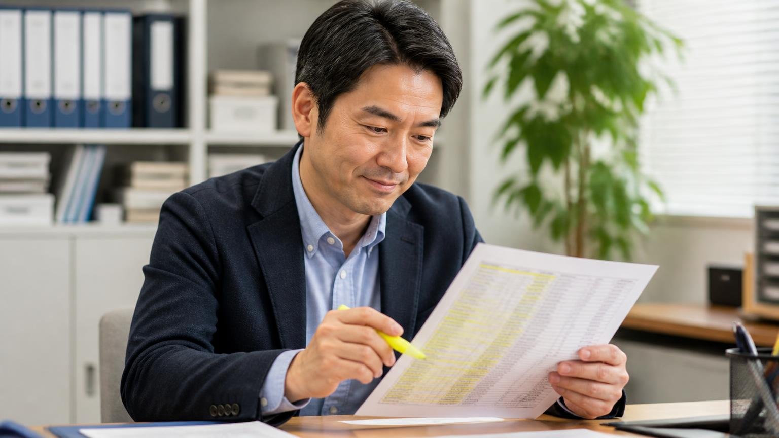 良い評価の大半は定型文|数ではなく"中身"を読む 事務所で印刷した評価一覧に蛍光ペンで線を引き、うなずく40代男性1人