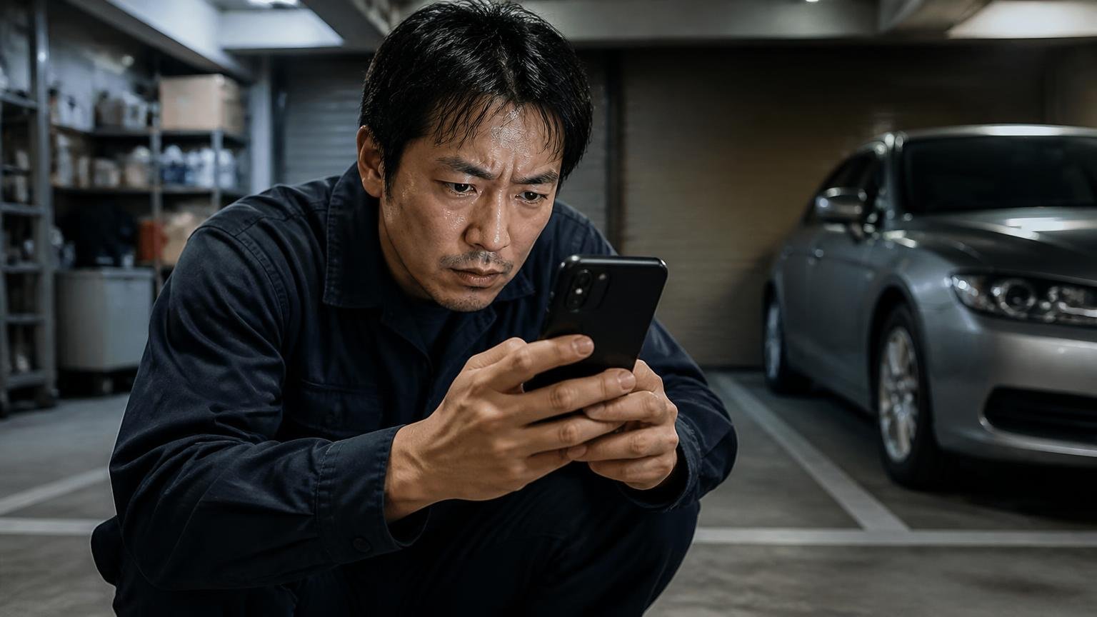 中身が書かれていない★1を判断材料にしない 深夜の車庫でスマホの口コミ画面を凝視する場面 男性1人 険しい表情