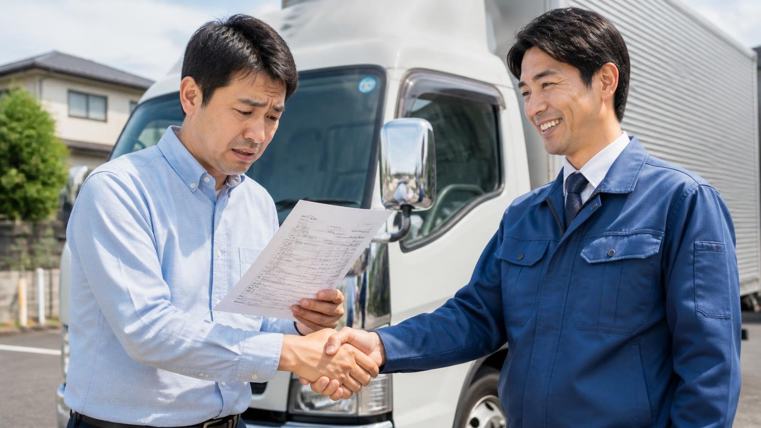 「対応が丁寧だった」だけで決めると金額の比較が抜け落ちる(トラックの前で笑顔の担当者と握手しながら、見積書を見て不安げな男性客)