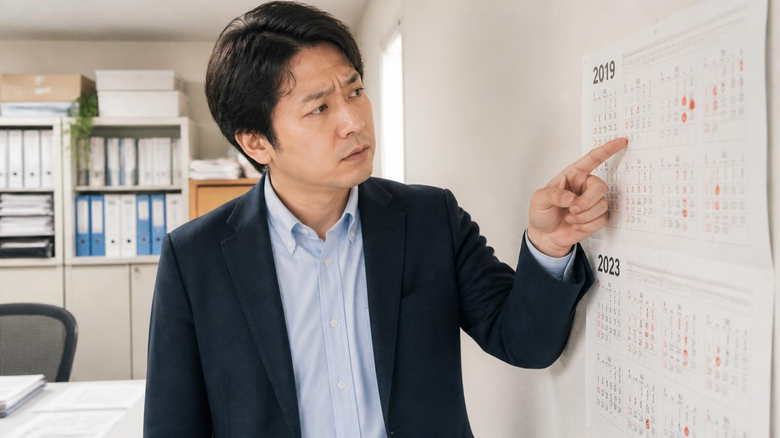 投稿時期が2019年と2023年に集中している点にも注意、事務所の壁のカレンダーを指さして確認する40代男性1人