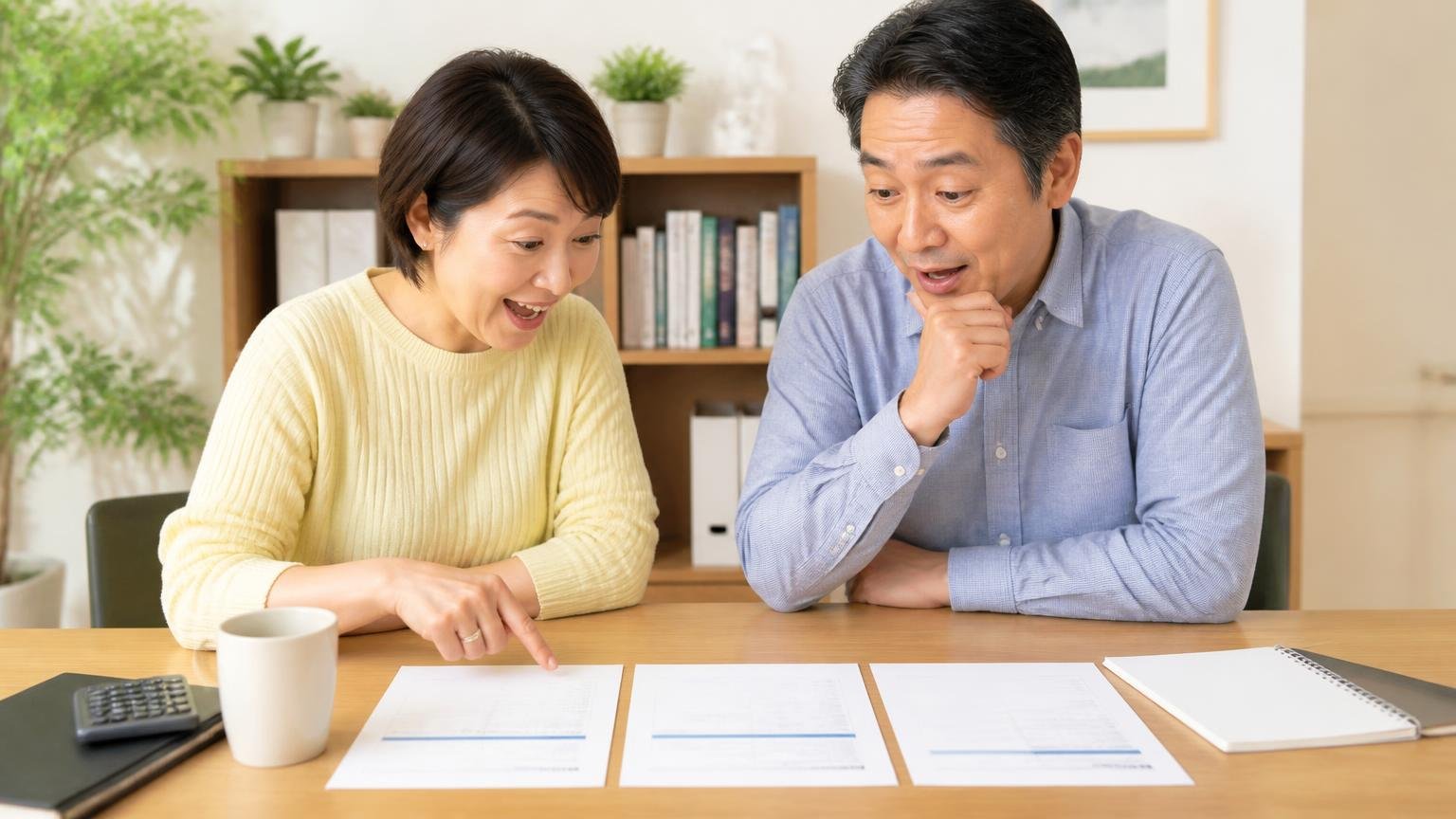 どちらの人にも共通する答え:金額が妥当かは、他社と並べるまで分からない、事務所の机に見積書を3枚並べる場面、夫婦2人、見比べて納得する
