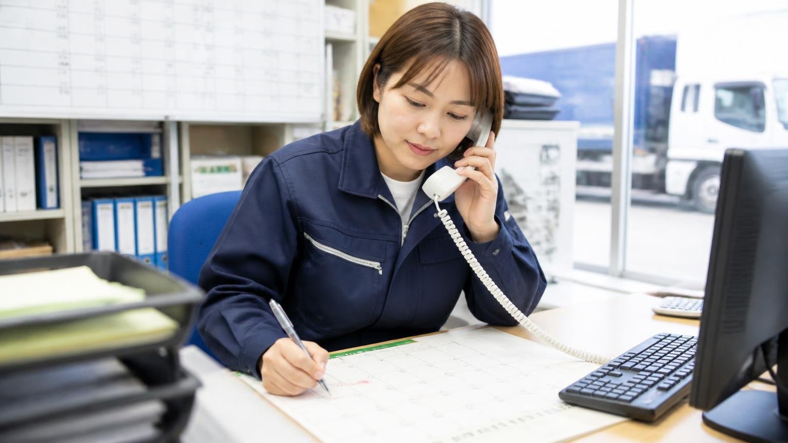 名義変更の完了時期と、自動車税・リサイクル料金の扱いを確認する、運送会社の事務所で電話しながらカレンダーに書き込む女性、落ち着いた表情