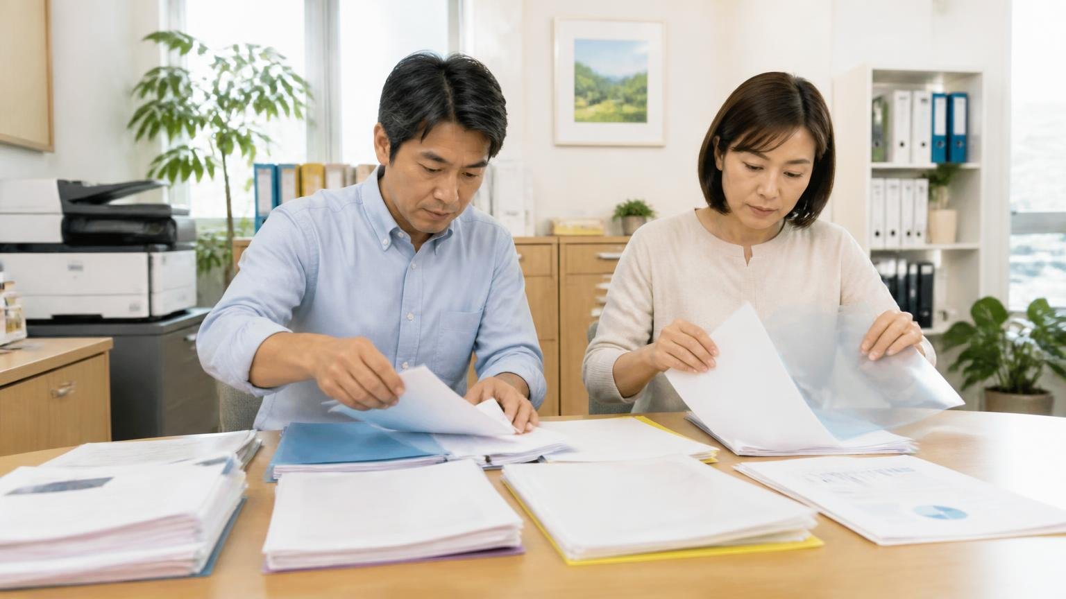 査定から入金までの4ステップと、用意する書類 営業所の事務所で書類の束を机に並べてクリアファイルに仕分けする夫婦2人