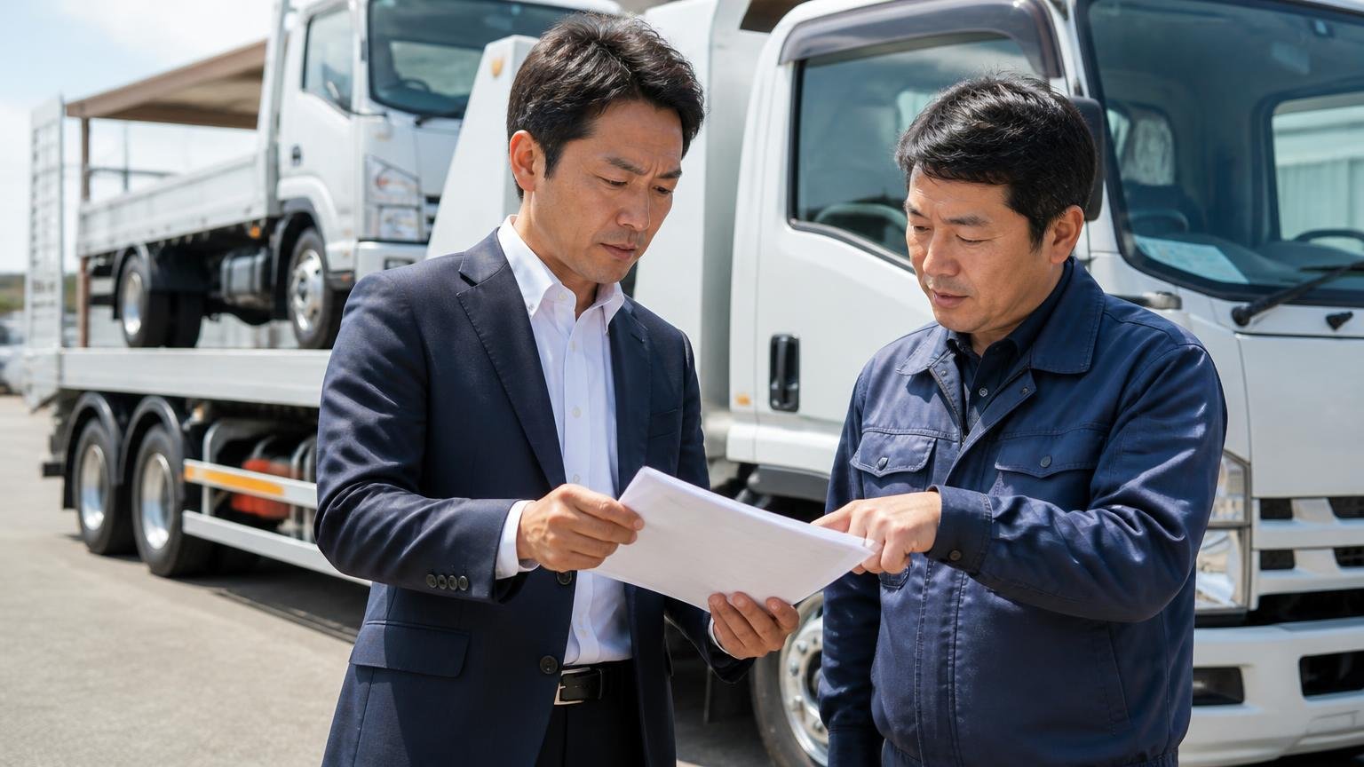 手順③｜引き渡し前に名義変更の期日・自賠責・リサイクル券・自動車税を書面で確認する｜積車に載せられるトラックの前で書類を確認する経営者と業者の男性2人