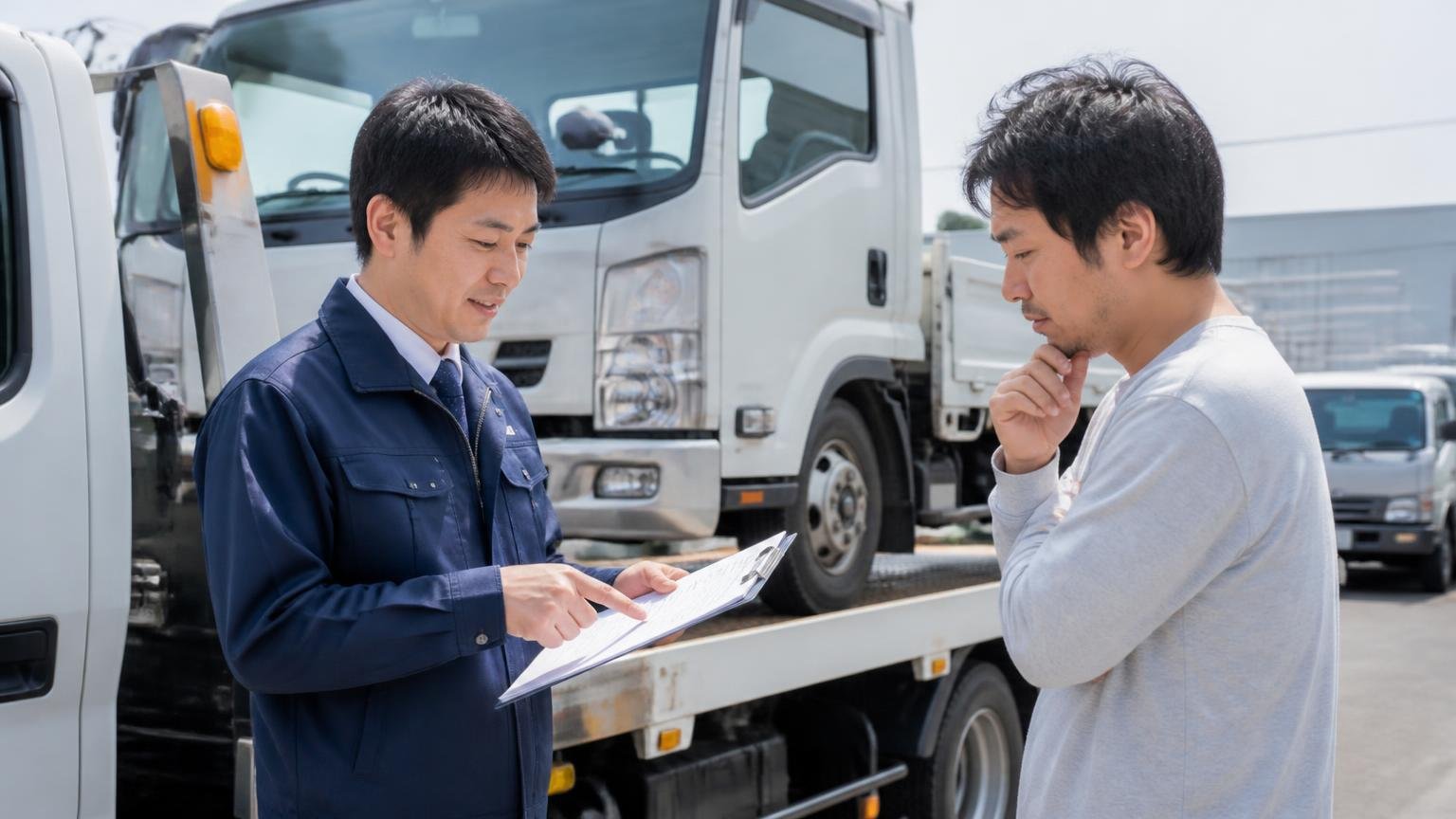 名義変更の確認をする場面 積車に載せられるトラックの前で書類を手に説明を受ける男性2人