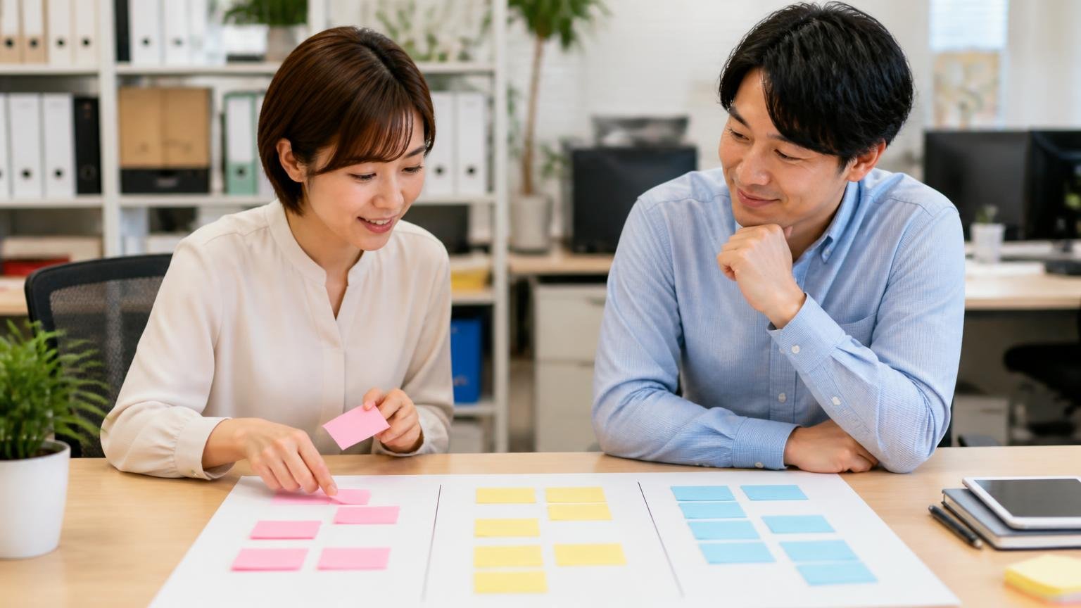 悪評を3つに仕分けるだけで読み方が変わる。事務所の机で付箋を3列に分けて貼る女性1人と男性1人が頷き合う