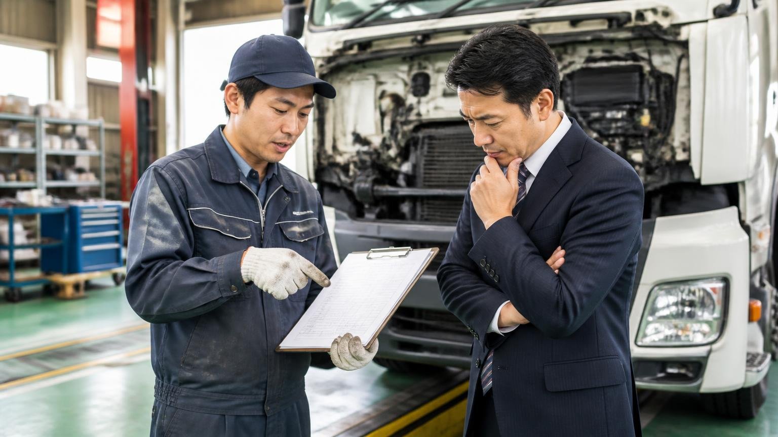 法人の車両整備を継続して任せている様子を整備工場のピットで大型トラックの点検記録を見ながら話す整備士1人と法人担当者1人の場面