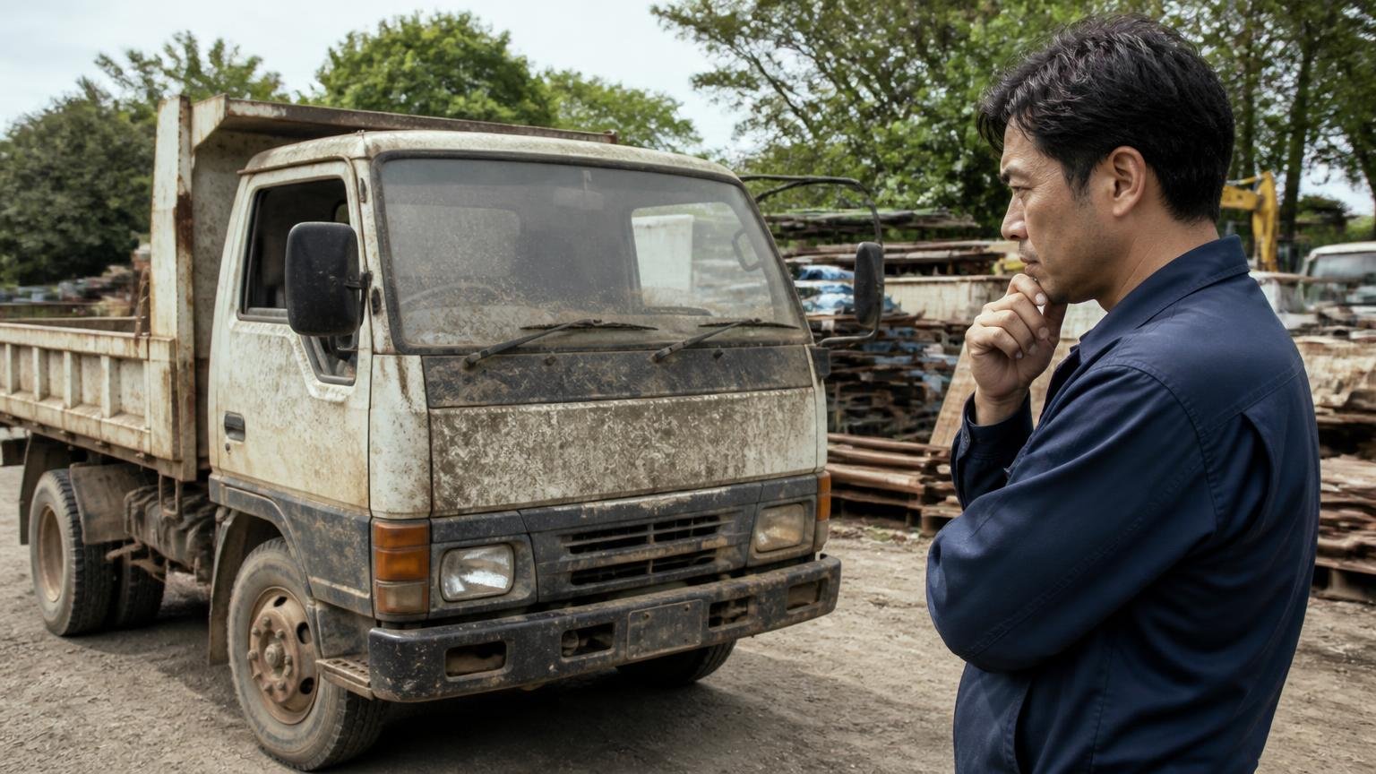 低年式や不動車でも値がつくことがある｜資材置き場の隅で埃をかぶった古い2tダンプを見つめる男性ドライバー