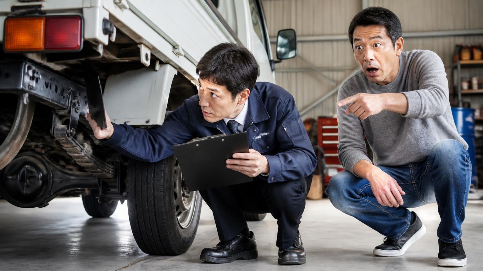 査定は概算のあと現物を見て正式査定する2段構え／車庫でトラックの下回りを覗き込む査定員と持ち主の2人／驚いた顔で指をさす