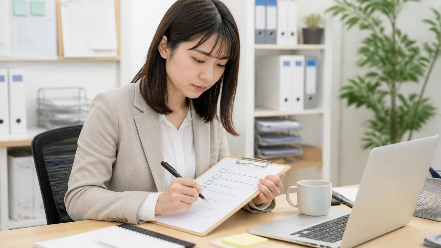 電話する前に5分で確認できる6項目・事務所でチェックリストを書き出す女性1人が集中する