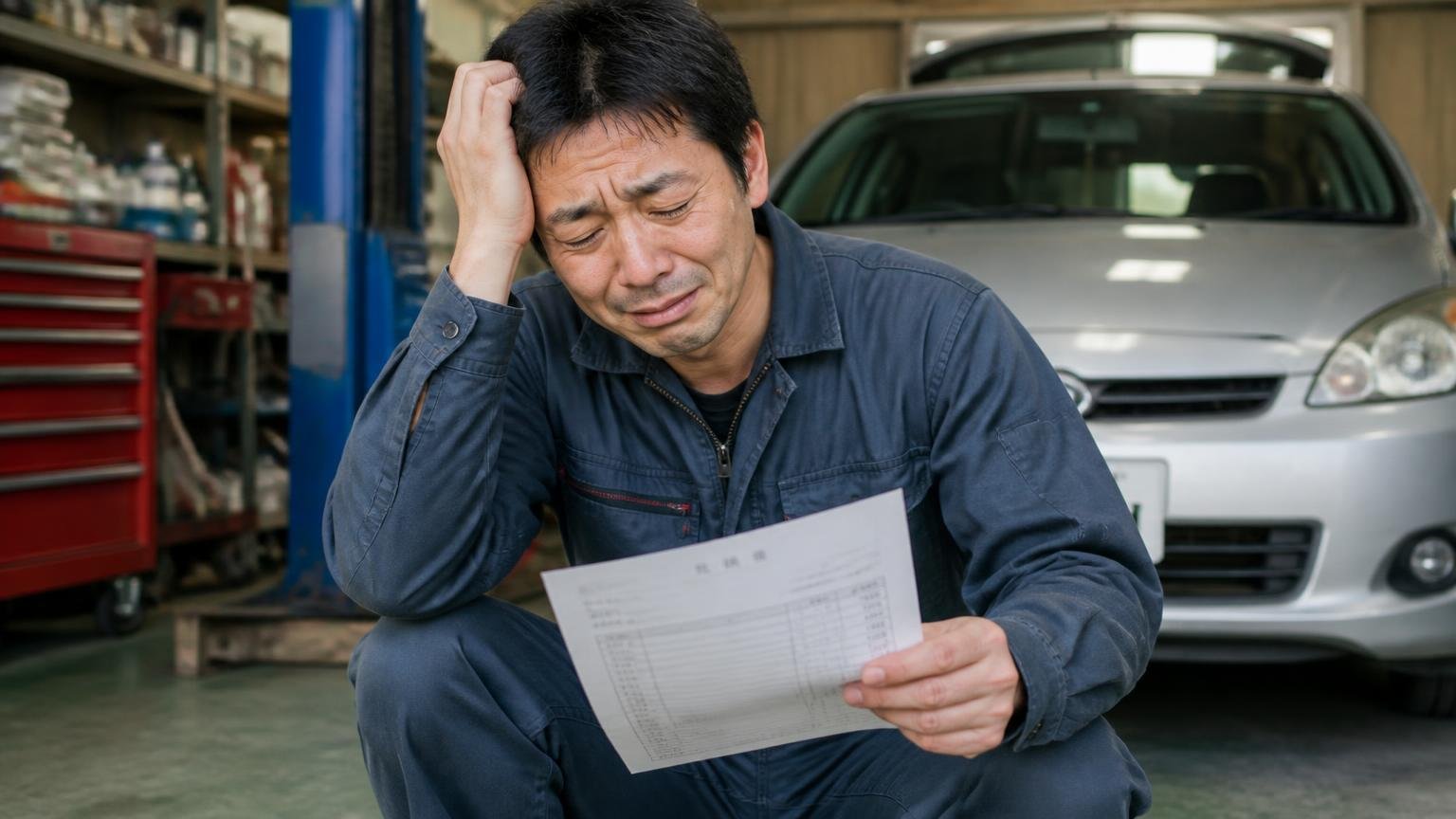 評判だけで決めて損をする人の、3つの共通パターン 車庫で見積書を手に肩を落とす作業着の男性1人、苦笑い