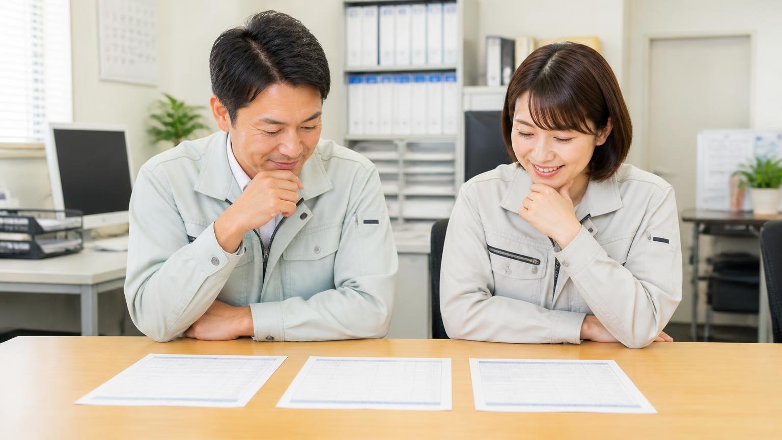 見積もりは書面でもらい、他社と同じ条件で横に並べる 事務所の机に見積書を3枚並べて見比べる運送会社の男女2人が納得の表情