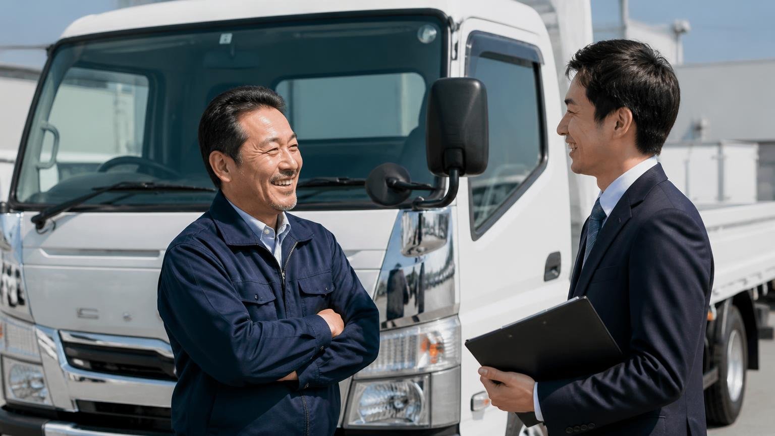 ディーラー下取りや一括査定が合う人もいる 新車のトラックの前で営業担当1人と話す運送会社の社長1人、ほっとした笑顔