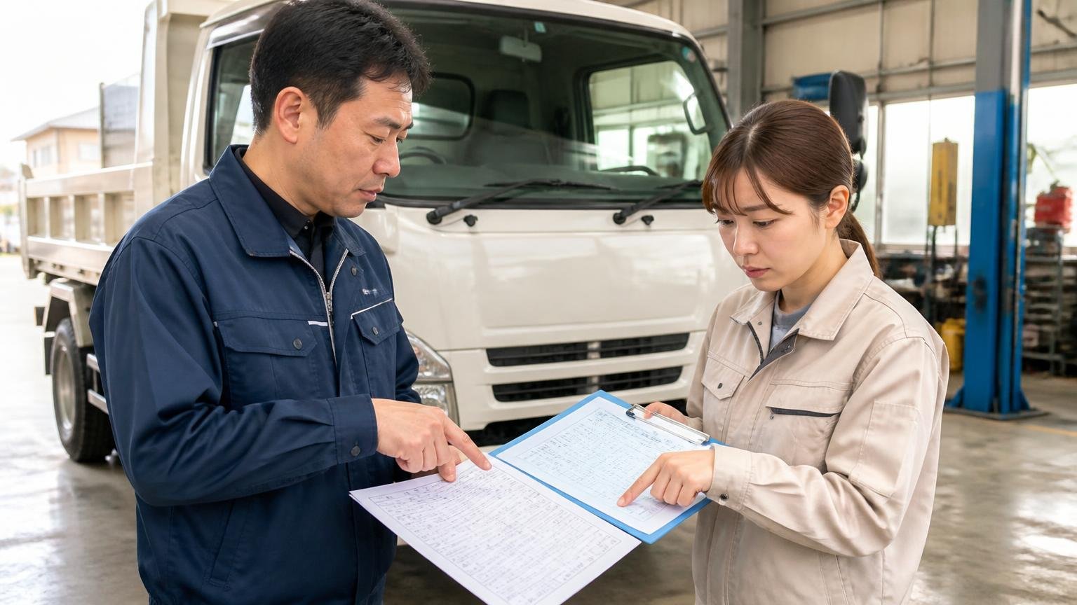 名義変更とリサイクル料金は見積もりの段階で確かめる 車庫のトラックの前で車検証と見積書を見比べる男性1人と女性1人、指をさして確認