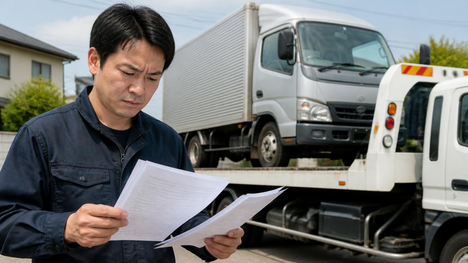 名義変更と税金・保険の扱いは書面で確かめる。積車に載せられるトラックの前で書類を手にした男性1人が真剣な顔で確認する